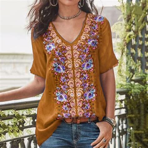 plus size bohemia summer women short sleeve v neck flower tshirt loose top color khaki size 4xl