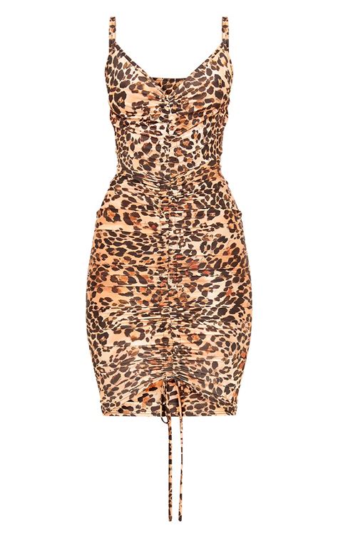 Leopard Print Strappy Plunge Ruched Front Bodycon Dress Dresses