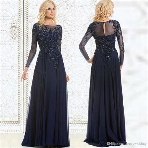 Modest Navy Blue Plus Size Dresses Evening Wear Long Sleeves Appliques