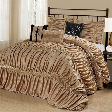 Black and gold bedroom furniture. NEW Queen Cal King Bed Solid Gold Black Sequin Striped 7pc Comforter Set Elegant