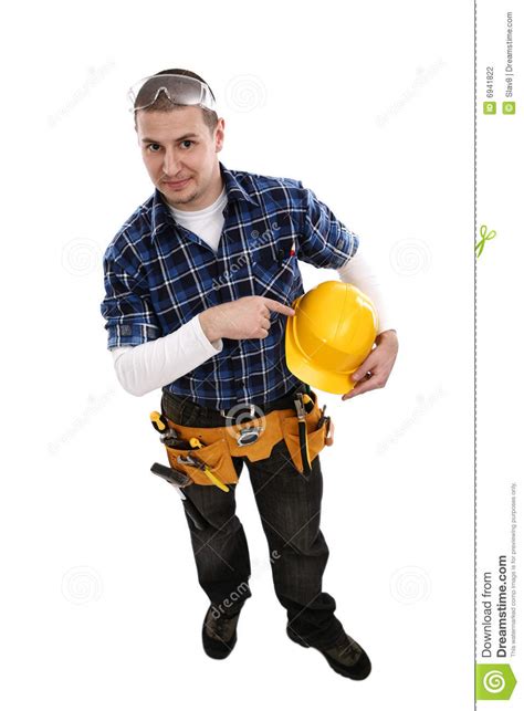 Construction Worker Pointing A Hardhat Stock Photo Image Of