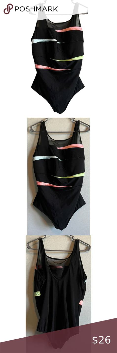 Vintage Longitude Womens Plus 22w One Piece Swimsuit Black With Pink