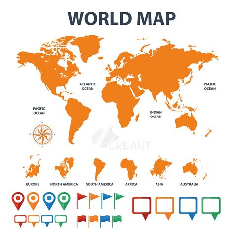 World Map With Pins Flags Textbox Clip Art Silhouette For