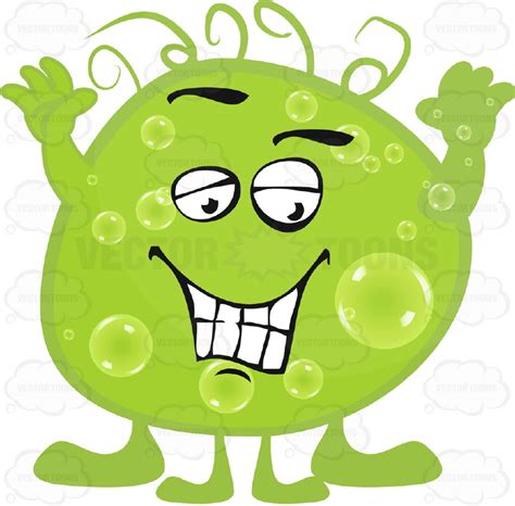 Green Blob Germ With Smiling Face And Hands In Air Stock