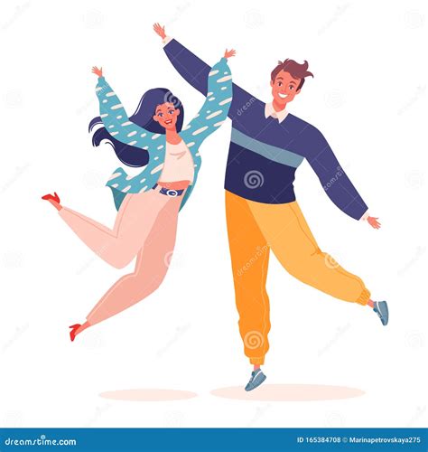 Vector Illustration With Couple Of Young Joyful Laughing People Jumping