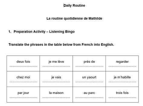 Daily Routine Set Of French Worksheets With Audio Recording