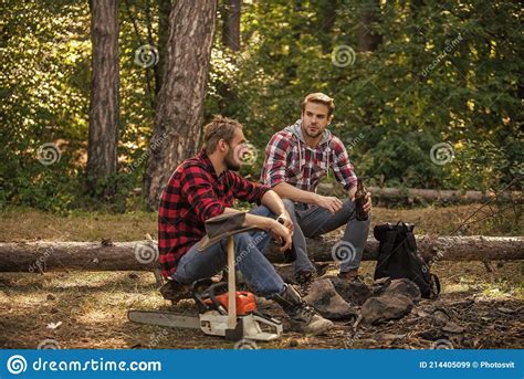 Hike And People Two Men Relax In Forest Hiking And Camping Male