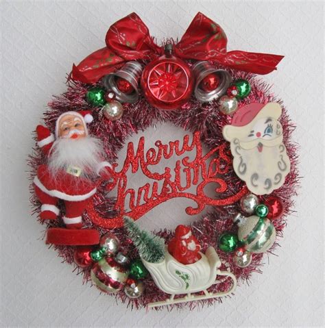Santa Kitsch Wreath Santa Sleigh Flocked Santa Merry Etsy Vintage