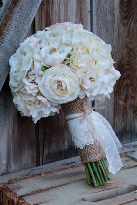 Ivory Silk Flower Burlap And Lace Bridal Bouquet
