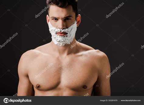 Sexy Naked Man Shaving Foam Face Isolated Black Stock Photo By