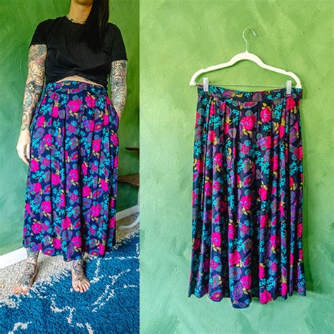 90s Black Floral Print Maxi Skirt By Koret Sz 14 Vintage Etsy
