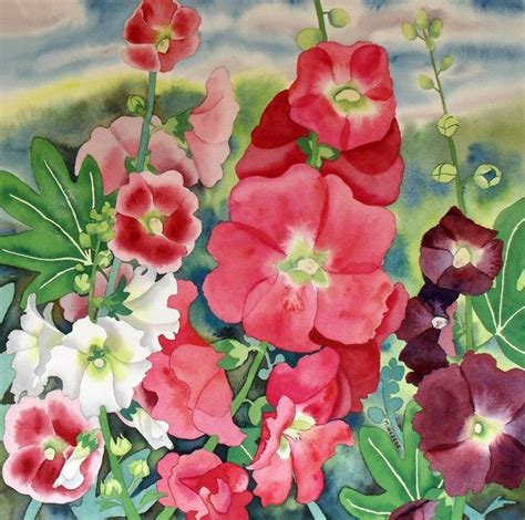Hollyhocks Botanical Flower Garden Painting £20000 Botanical