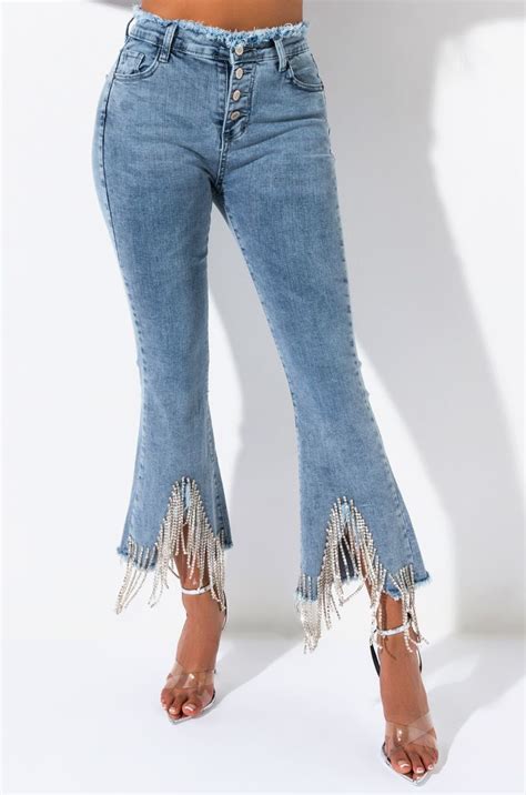 Akira Frayed High Waist Button Front Rhinestone Fringe Cropped Hem Flare Denim Jeans In Light