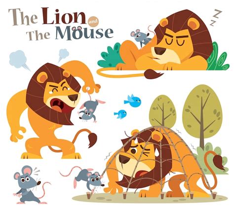 Premium Vector Cartoon The Lion And The Mouse Fairy Fable Tale