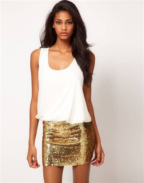 Asos Collection Mini Dress With Sequin Skirt In Gold Creamgold Lyst