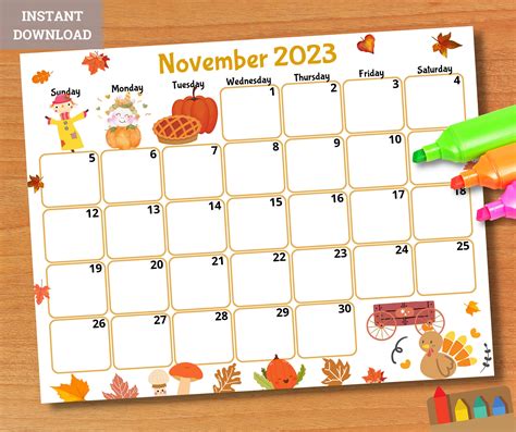 Editable November 2023 Calendar Printable Kids Calendar 2023 Etsy