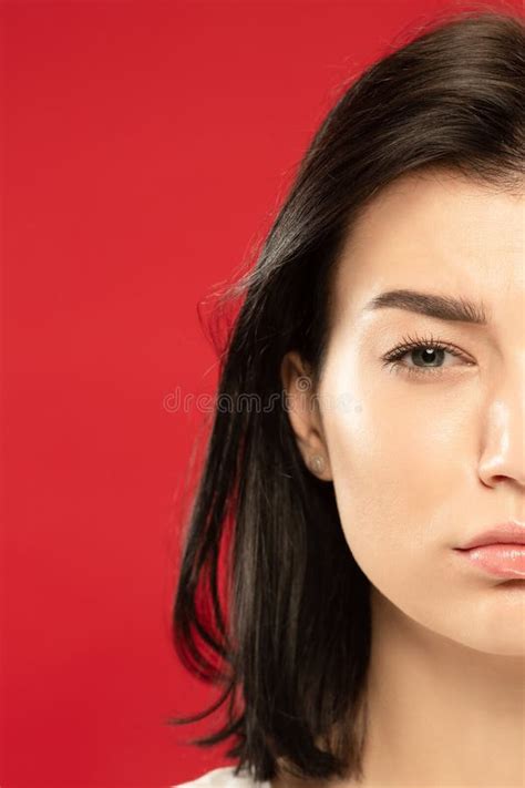 Caucasian Young Woman S Close Up Portrait On Red Background Stock Image