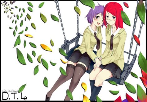 Safebooru 2girls Blush Glasses Himitu Leaf Leaves Long Hair Misaki