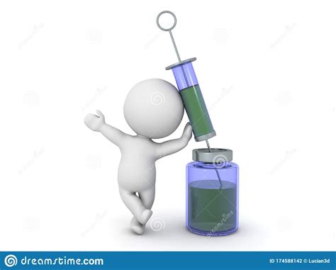 3D Character Leaning On Syringe And Vaccine Bottle Stock Illustration ...