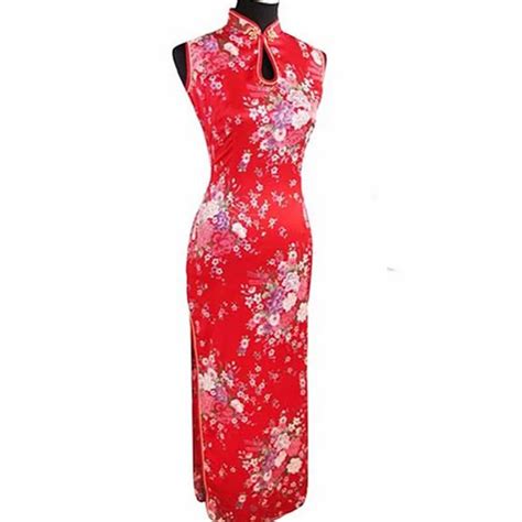 Fashion Trends Red Chinese Traditional Dress Women Silk Rayon Cheongsam Top Sexy Long Dripping