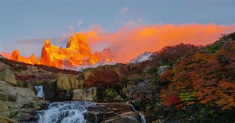 View Of Mount Fitz Roy And The Waterfall In The National Park Los