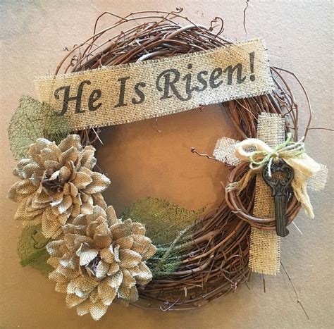 Primitive Grapevine Wreath Twig He Is Risen Cross Key Easter Spring
