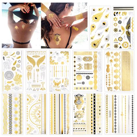 Buy Konsait 12 Sheets Metallic Temporary Tattoos 150 Shimmer Designs