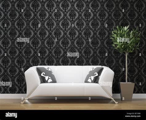 Interior Design Of White Sofa On Black And Silver Wallpaper Stock Photo