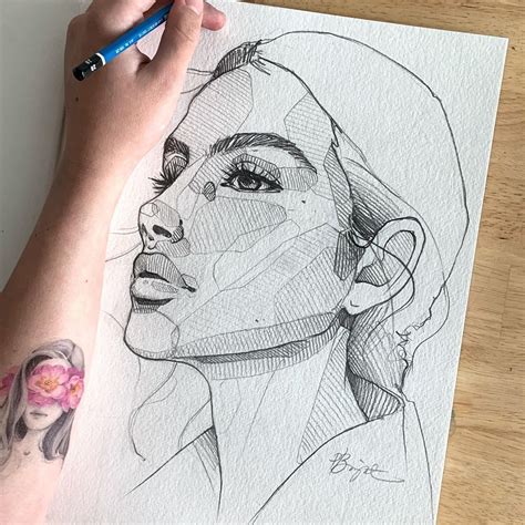 A Drawing Of A Womans Face Is Shown With A Pencil In Her Hand