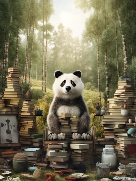 Premium Ai Image A Panda Sits On A Stack Of Books In A Forest
