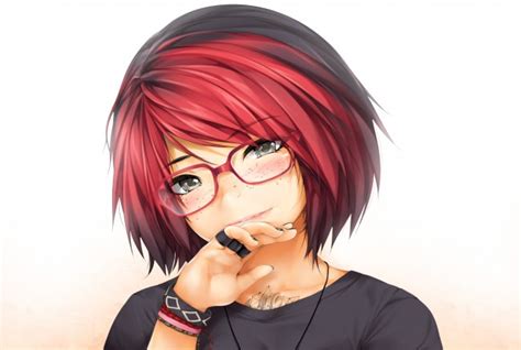 Wallpaper Semi Realistic Anime Girl Redhead Glasses Short Hair