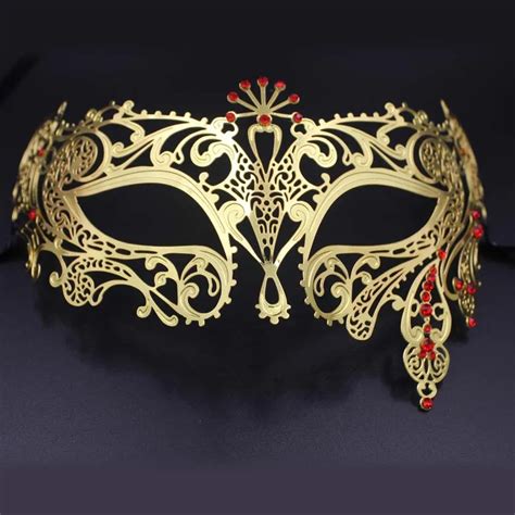 Women Gold Red Rhinestones Venetian Metal Masks Laser Cut Silver Ball