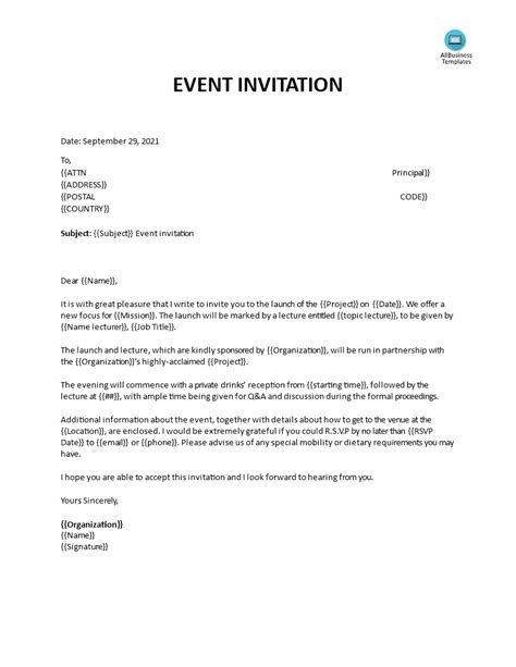 免费 Formal Invitation Letter Sample For An Event 样本文件在