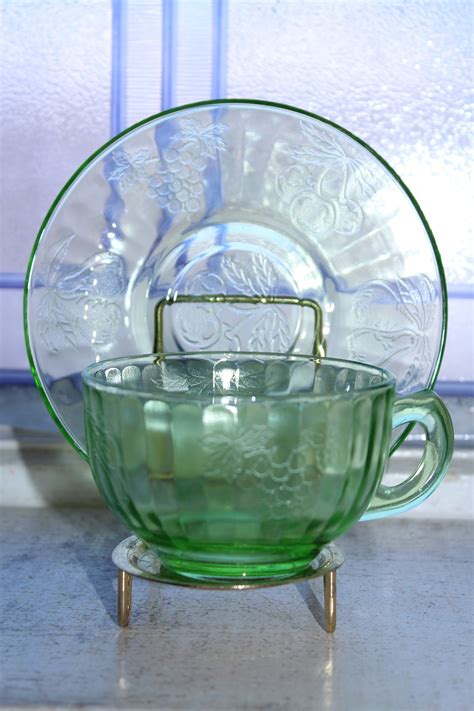 Green Depression Glass Cup Saucer Hazel Atlas Fruits Vintage S