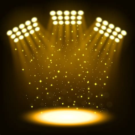 Gold Bright Stadium Spotlights On Dark Background Vector Illustration