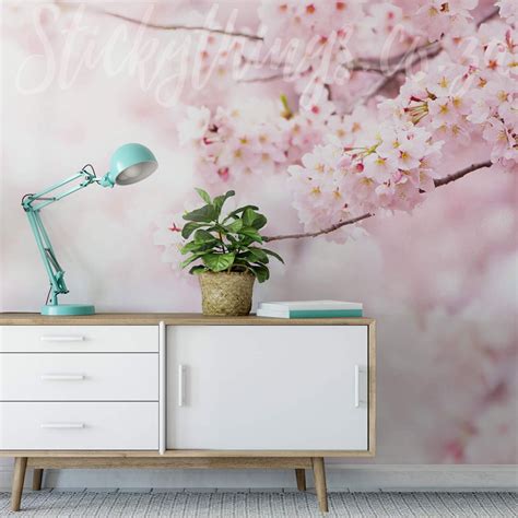 Cherry Blossom Wall Mural Soft Pink Floral Branch Wallpaper Mural