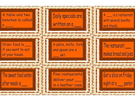Restaurant Things And Activities Legal Size Text Card Game Teaching