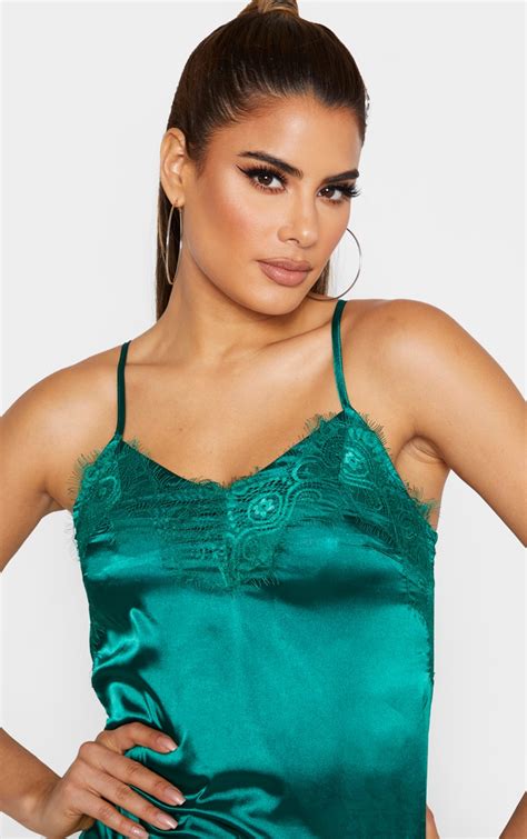 Tall Emerald Green Satin Lace Trim Cami Top Prettylittlething