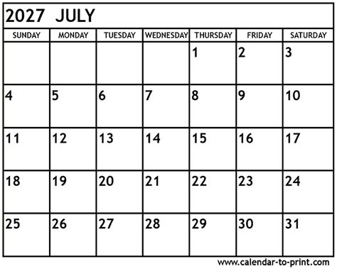July 2027 Calendar Printable