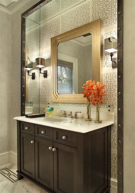 Powder Room With Custom Mirror And Rivet Detail Bathroom Mirror