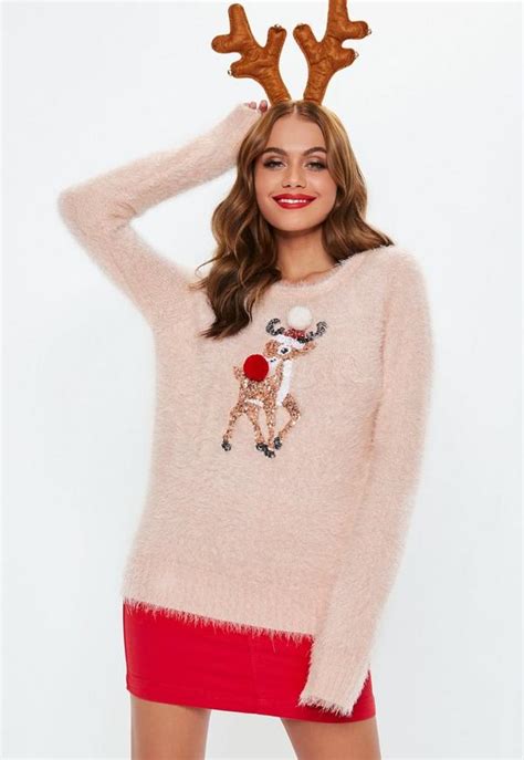 Pink Rudolph Fluffy Knitted Christmas Sweater Missguided