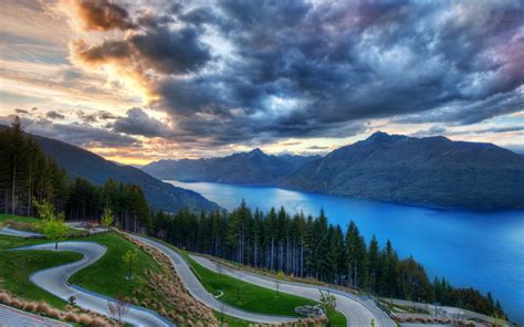 Nature Landscape Mountain Pine Forest Lake Wakatipu Bendy Road Queenstown New Zealand
