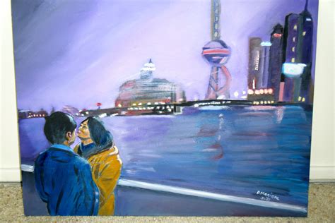 Two Chinese Lovers Kissing Across The River From Shanghai Painting