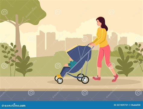 Mother With Her Child On The Stroller Walks In The City Park Stock