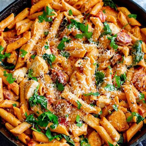 Return the chicken to the pan along with the pasta, stock, smoked paprika and cayenne pepper. Creamy Tomato Chicken and Chorizo Pasta | Sue Smith | Copy Me That
