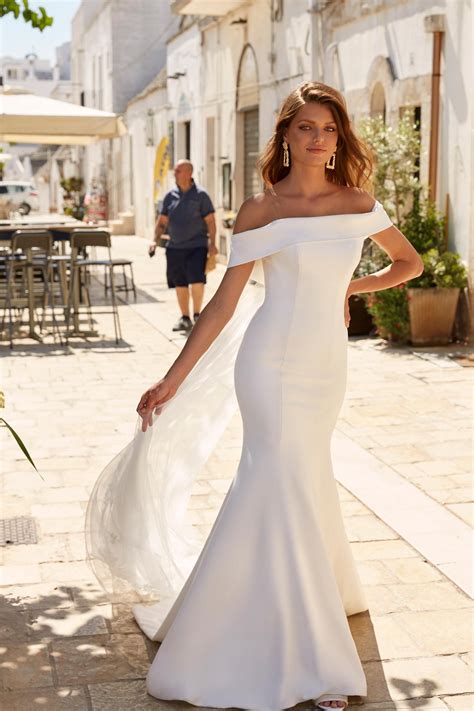 Simple Fit And Flare Off The Shoulder Wedding Dress With Detachable