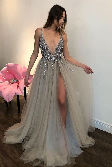 What prom dress should i wear? Backless Grey V Neck Sexy Prom Dress with Slit Rhinestone ...