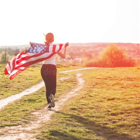 Women Running In The Field With American Flag Usa Celebrate Th Of July Stock Image Image Of