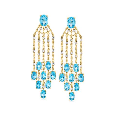 12 60 Ct T W Swiss Blue And White Topaz Chandelier Earrings In 18kt