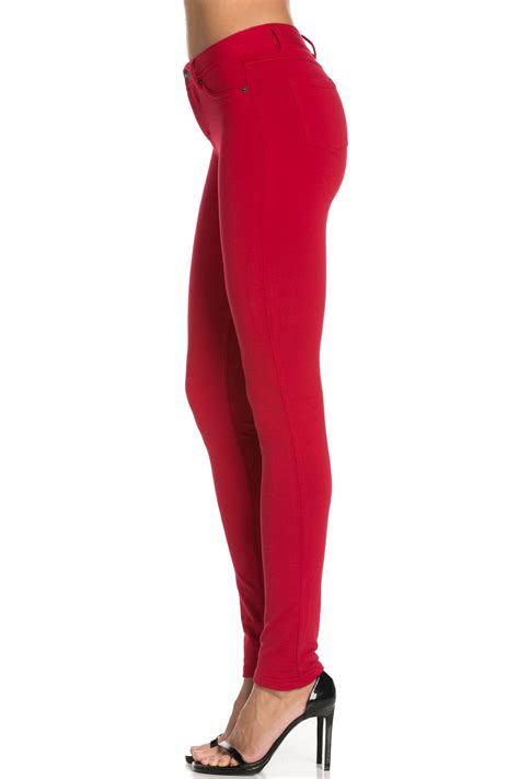 Poplooks Womens Casual Mid Rise Stretch Skinny Knit Jegging Pants Red